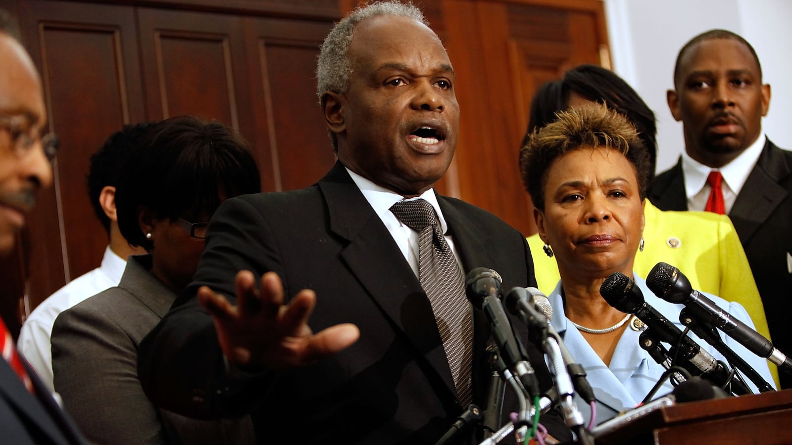 Congressional Black Caucus member Rep. David Scott (D-GA) (C) addresses a news conference about health care reform with Chair Rep. Barbara Lee (D-CA) (2nd R), Sen. Roland Burris (D-IL) (L) and other members at the U.S. Capitol September 9, 2009 in Washington, DC. Lee said the caucus expects President Barack Obama to show support for a "robust" public option during his speech to Congress tonight.
