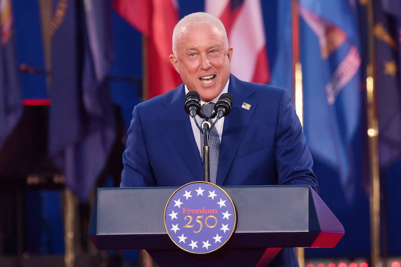 Ambassador to Belgium Bill White speaks at an event organized by the U.S. Mission to Belgium to mark the 250th anniversary of American independence, at Cinquantenaire Park, in Brussels, Belgium, June 28, 2026.