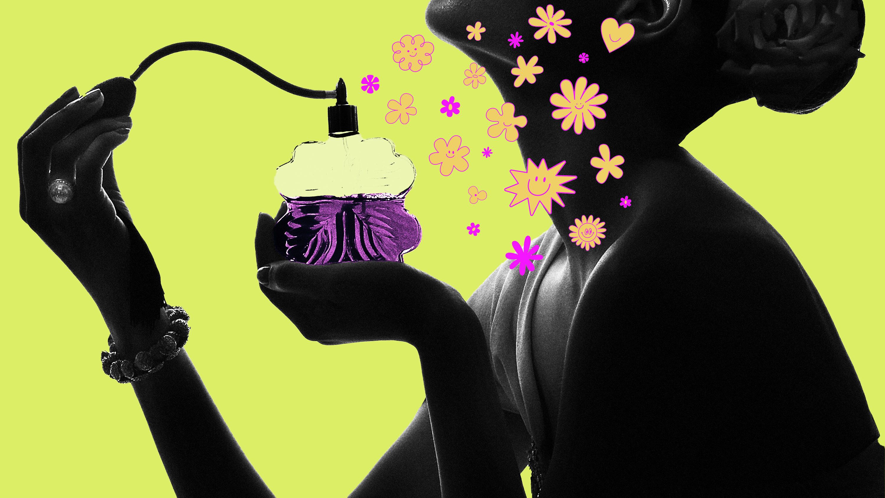 woman spraying perfume on a green background with orange and pink shapes