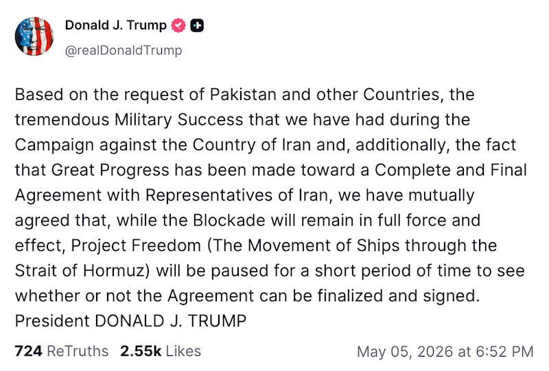 Trump's Truth Social post about "Project Freedom"