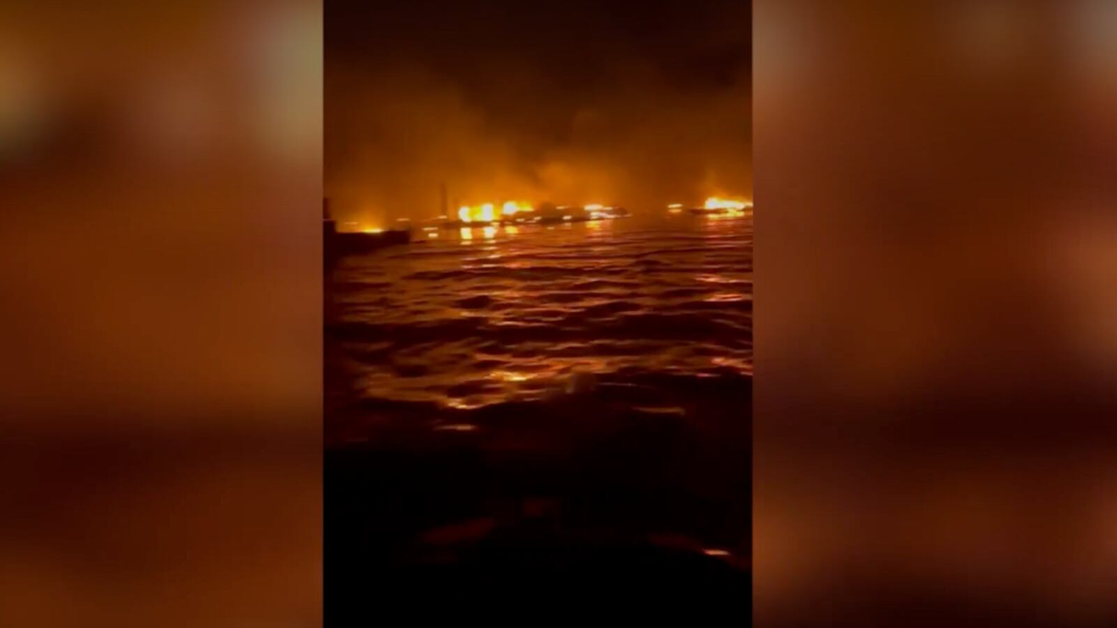 Fires in the water off Lahaina during the Maui wildfires in Hawaii.