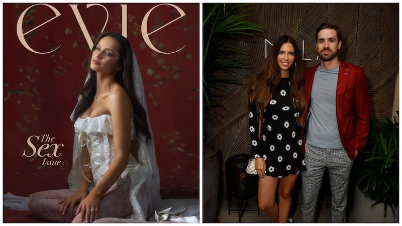 Brittany Hugoboom pictured at left on Cover of 'Evie' magazine, at right with husband Gabriel.