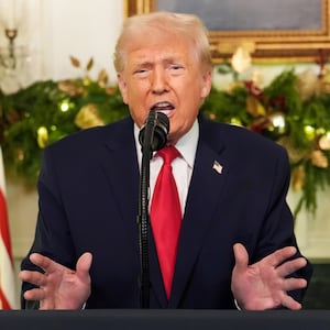 WASHINGTON, DC - DECEMBER 17: U.S. President Donald Trump addresses the nation from the Diplomatic Room of the White House on December 17, 2025 in Washington, DC. White House press secretary Karoline Leavitt said Trump would be "addressing the country about all of his historic accomplishments over the past year, and maybe teasing some policy that will be coming in the new year, as well."