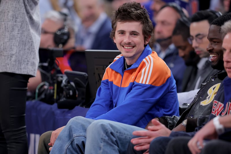 American and French actor Timothee Chalamet sits court side during the first quarter of game two of the first round of the 2026 NBA Playoffs between the New York Knicks and Atlanta Hawks at Madison Square Garden.
