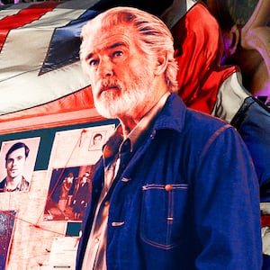 A photo illustration of Sir Ben Kingsley, Helen Mirren, and Pierce Brosnan in The Thursday Murder Club.