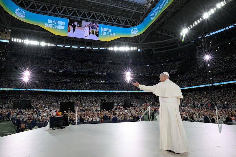 Pope Leo XIV attends a meeting with the diocesan community at the Santiago Bernabeu Stadium, during his apostolic journey in Madrid, Spain, June 8, 2026. Elisabetta Trevisan/Vatican Media/­Handout via REUTERS ATTENTION EDITORS - THIS IMAGE WAS PROVIDED BY A THIRD PARTY.