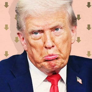 Donald Trump pouting in front of down arrows.