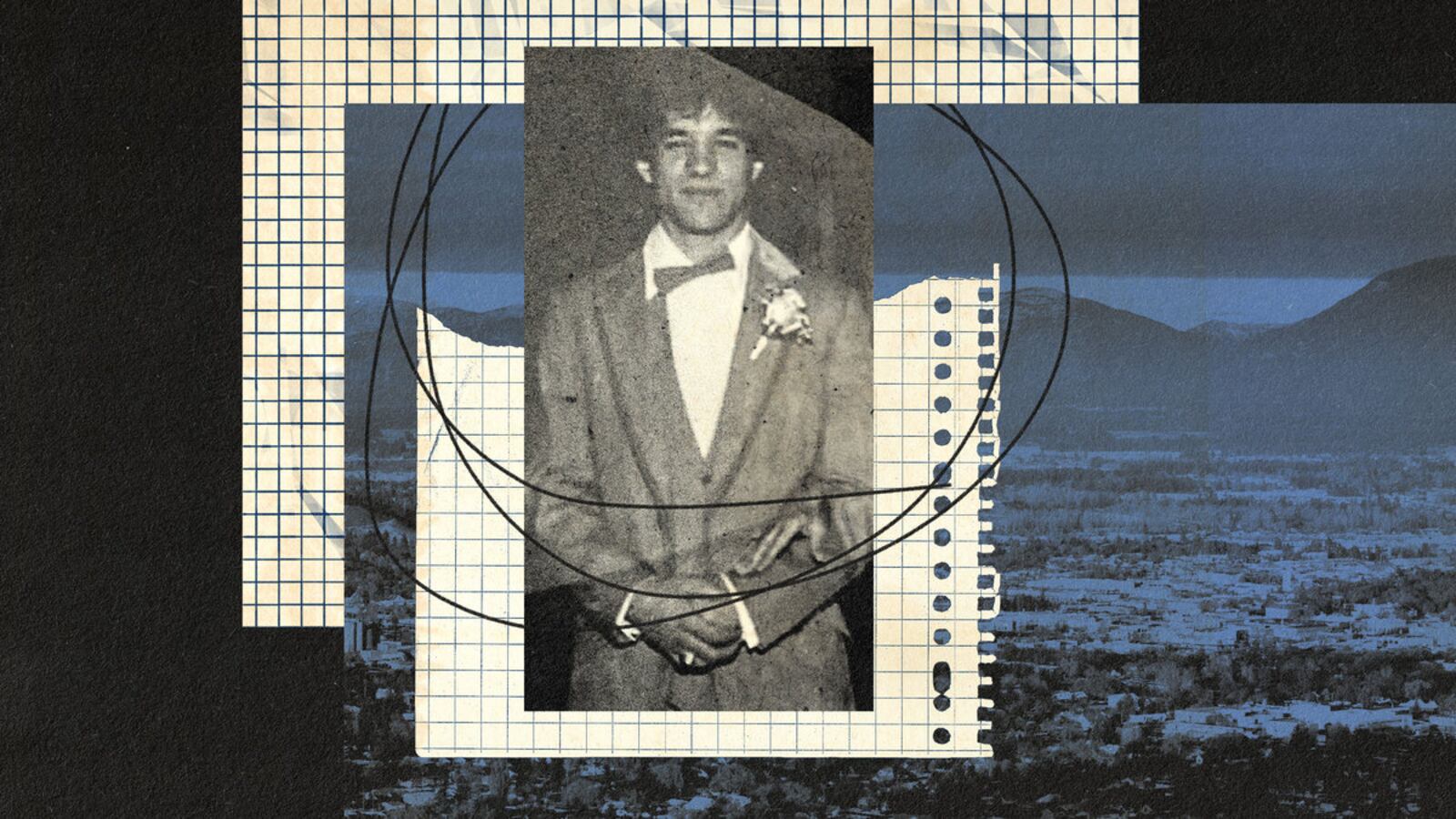 A photo illustration of Scott Bryan overlaying a vists of Kalispell, Montana.