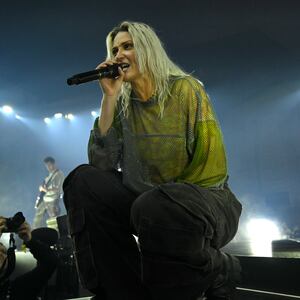 Emily Armstrong, Linkin Park’s new singer, performs during a global livestream at Warner Bros. 