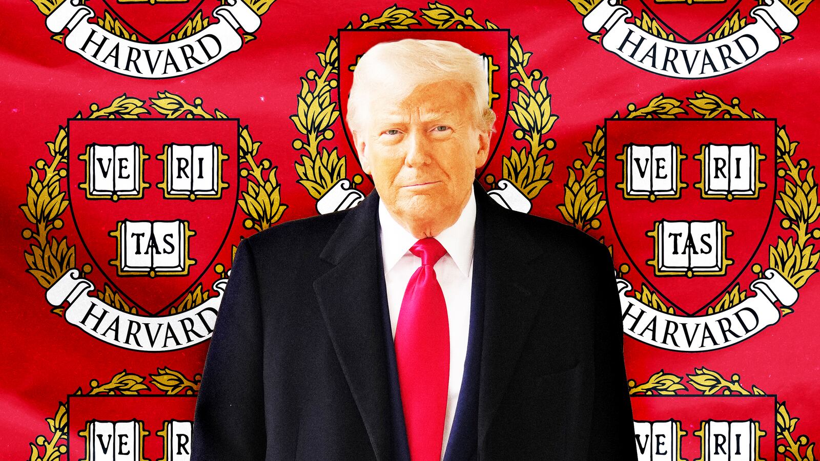 A photo illustration of President Donald Trump and the Harvard flag.