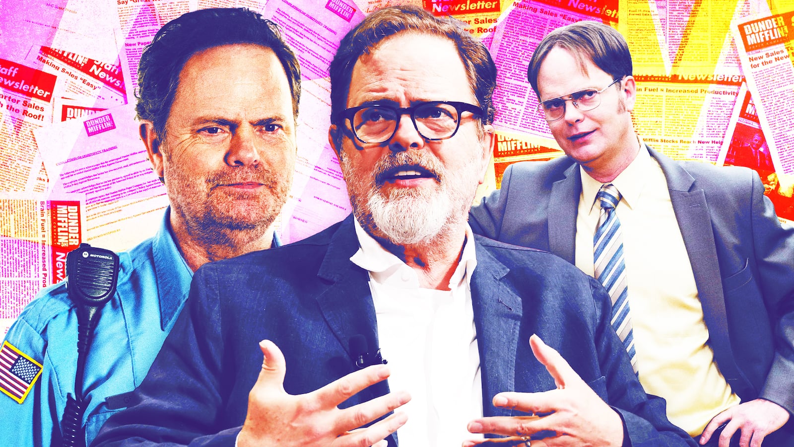 A photo illustration of Rainn Wilson in The Office and Code 3.