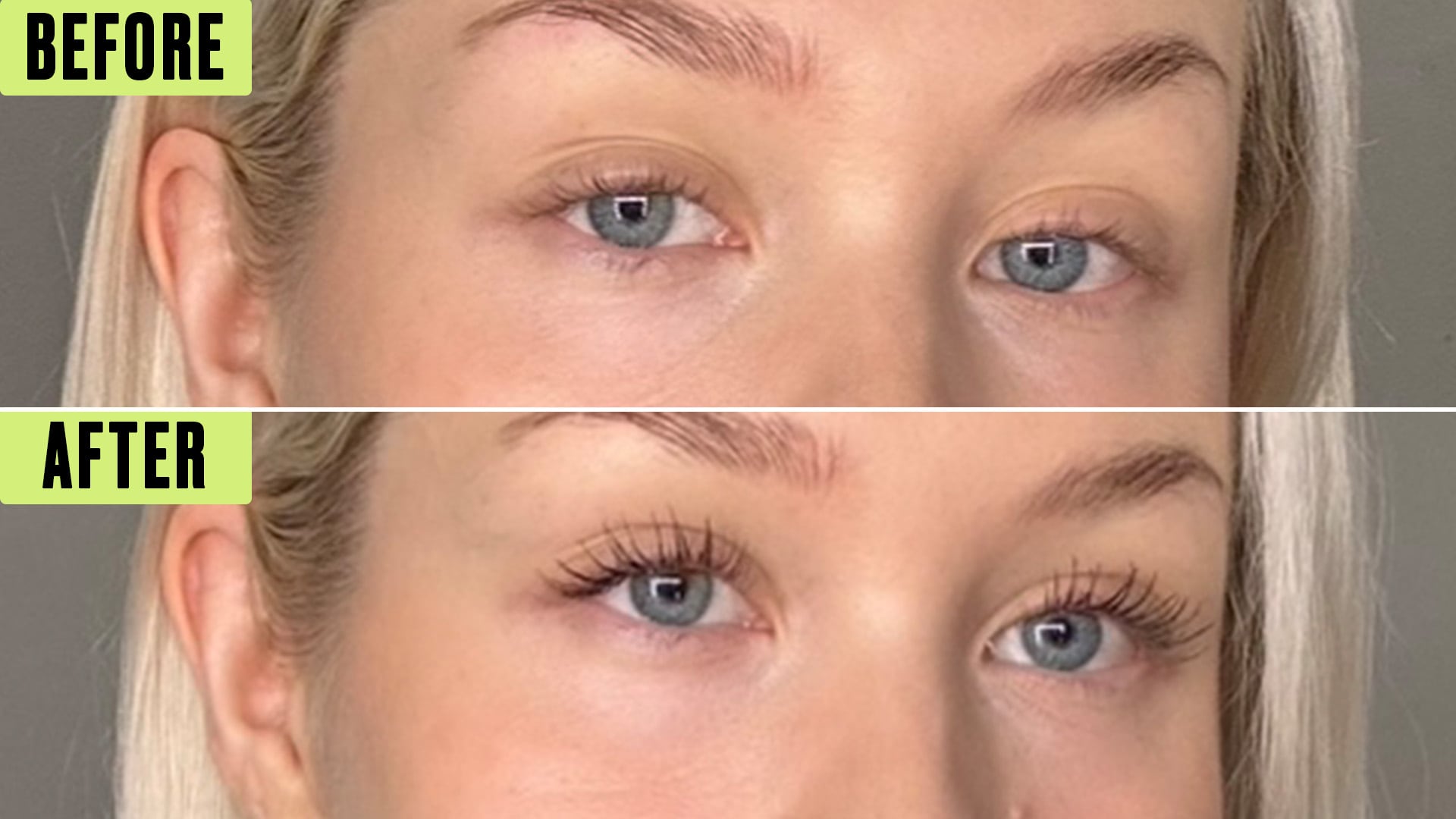 Roosa Rahkonen's eyelashes before and after she used a Reddit mascara tip.