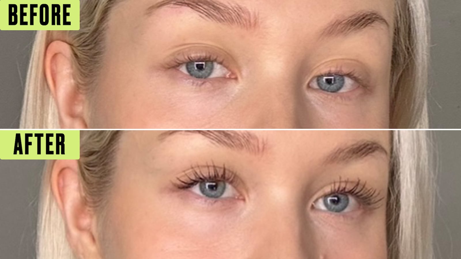 Roosa Rahkonen's eyelashes before and after she used a Reddit mascara tip.