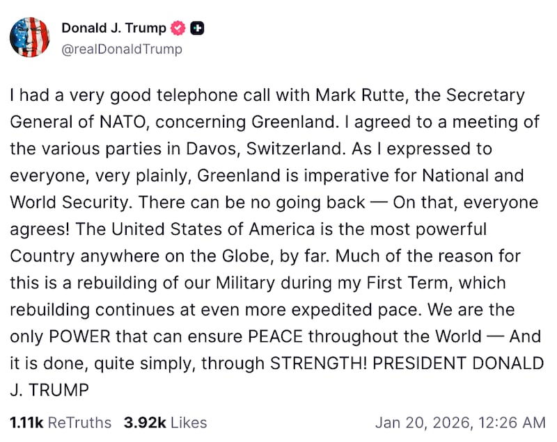Donald Trump Truth Social post about his phone call with Mark Rutte