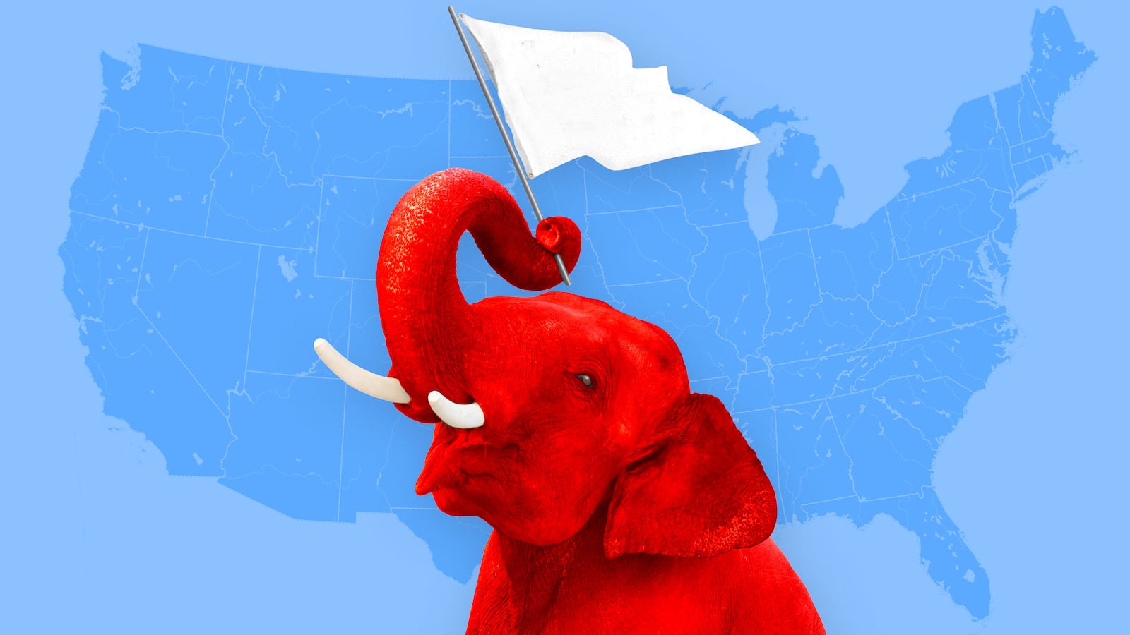 A photo illustration of red GOP elephant waving the white flag in front of a map of the USA.