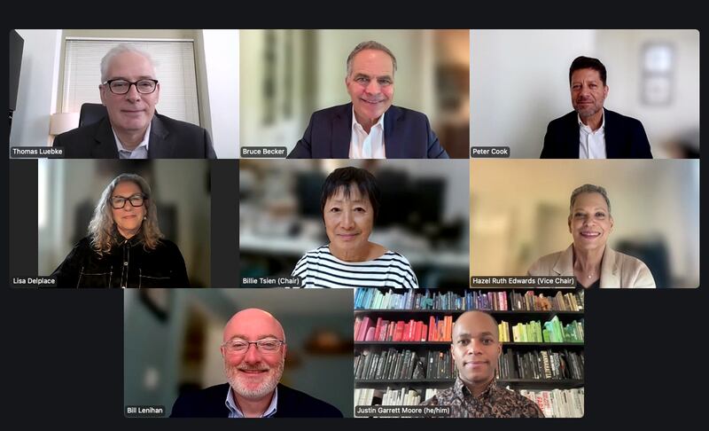 Members of the Commission of Fine Arts in September 2024. Top row: Thomas Luebke (Secretary), Bruce Becker, Peter Cook. Middle row: Lisa Delplace, Billie Tsien (Chair), Hazel Ruth Edwards (Vice Chair). Bottom row: Bill Lenahan, Justin Garrett Moore