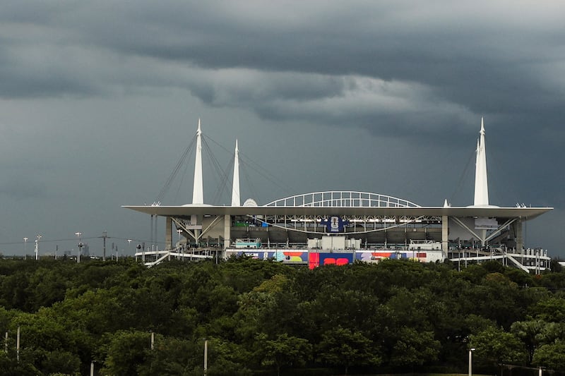 The exterior of Miami Stadium under heavy cloud cover during the FIFA World Cup 2026 - Group H - Saudi Arabia v Uruguay in Miami Gardens, Florida, U.S., June 15, 2026. REUTERS/Maria Alejandra Cardona