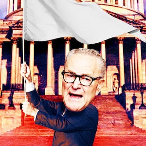 A photo illustration of Sen. Chuck Schumer waving a white flag in front of the Capitol building.
