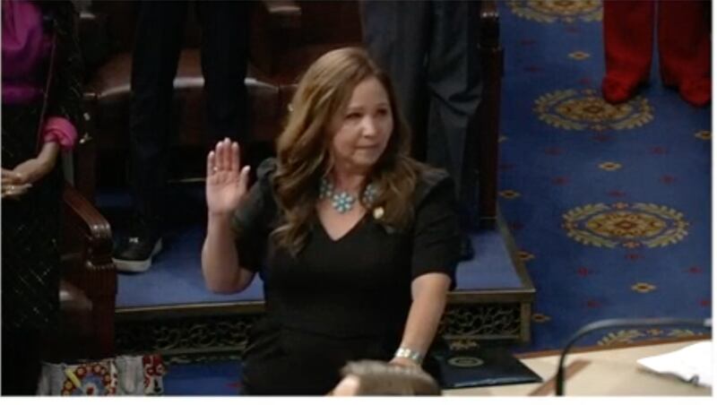 Arizona Rep. Adelita Grijalva being sworn in by Speaker Mike Johnson on the floor of the House on Wednesday.