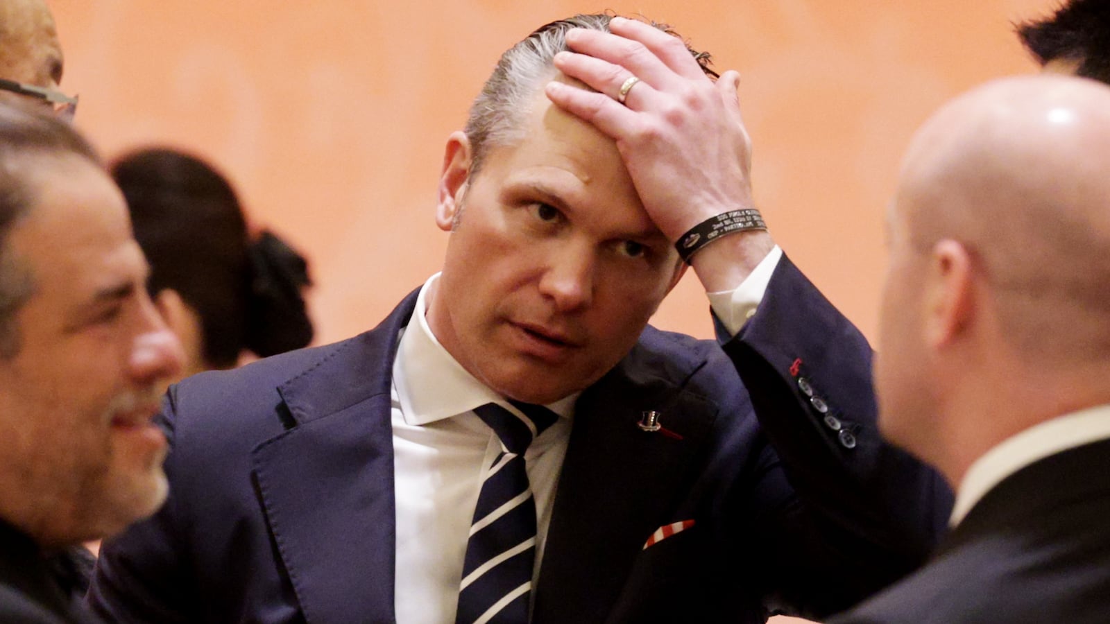 U.S. Secretary of Defense Pete Hegseth reacts prior to a state banquet hosted by Chinese President Xi Jinping at the Great Hall of the People on May 14, 2026 in Beijing, China.