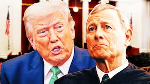 Donald Trump, John Roberts, and the courtroom of the Supreme Court.