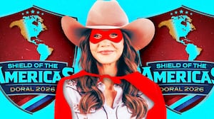 Former Secretary of Homeland Security Kristi Noem as a superhero in front of Shield of the Americas logos.