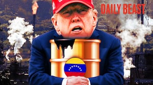 Donald Trump carrying an oil drum with the Venezuela flag in front of a oil refining plant of state-owned Petroleos de Venezuela.