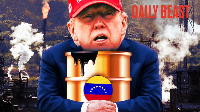 Donald Trump carrying an oil drum with the Venezuela flag in front of a oil refining plant of state-owned Petroleos de Venezuela.