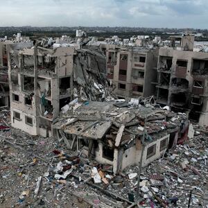 A photo depicting an aerial view showing the destruction caused by Israeli strikes in Wadi Gaza, in the central Gaza Strip