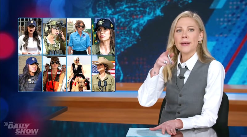 The Daily Show, Desi Lydic next to a collage of Kristi Noem's different outfits.