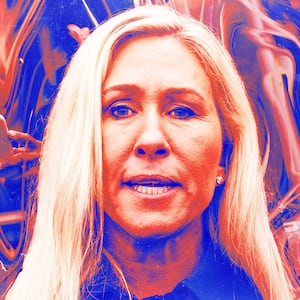 A photo illustration of Rep. Marjorie Taylor Greene at a melting press conference.