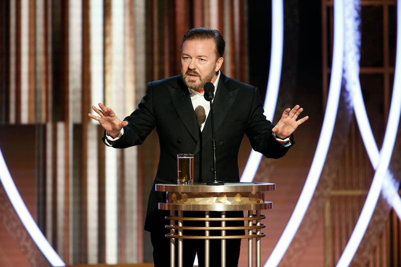 BEVERLY HILLS, CALIFORNIA - JANUARY 05: In this handout photo provided by NBCUniversal Media, LLC, host Ricky Gervais speaks onstage during the 77th Annual Golden Globe Awards at The Beverly Hilton Hotel on January 5, 2020 in Beverly Hills, California. (Photo by Paul Drinkwater/NBCUniversal Media, LLC via Getty Images)