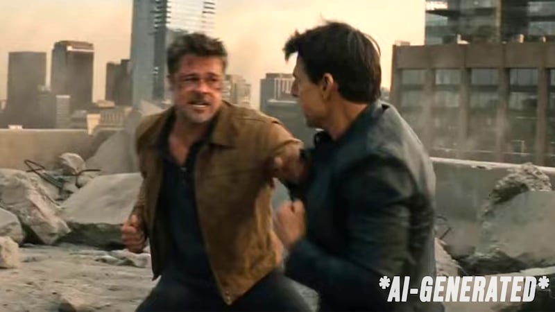 A screen grab from a AI-generated clip featuring Tom Cruise and Brad Pitt fighting.