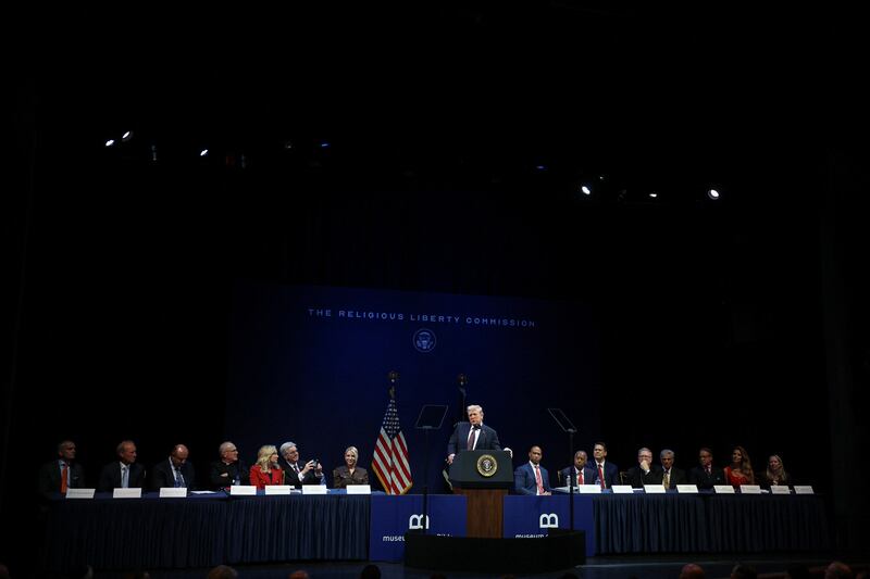President Donald Trump delivers remarks to his Religious Liberty Commission during a commission meeting at the Museum of the Bible in Washington, D.C.  on September 8, 2025.