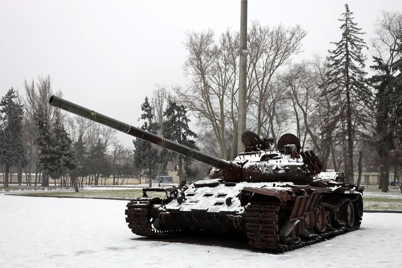 A destroyed Russian T-72 main battle tank