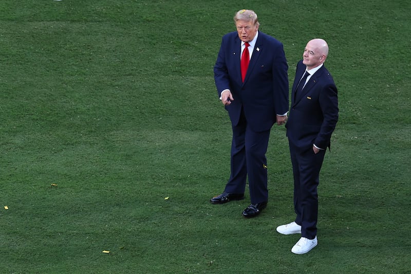 EAST RUTHERFORD, NEW JERSEY - JULY 19: Gianni Infantino the president of FIFA with Donald Trump, president other United States of America during the FIFA World Cup 2026 Final match between Spain and Argentina at New York New Jersey Stadium on July 19, 2026 in East Rutherford, United States. (Photo by Robbie Jay Barratt - AMA/Getty Images)