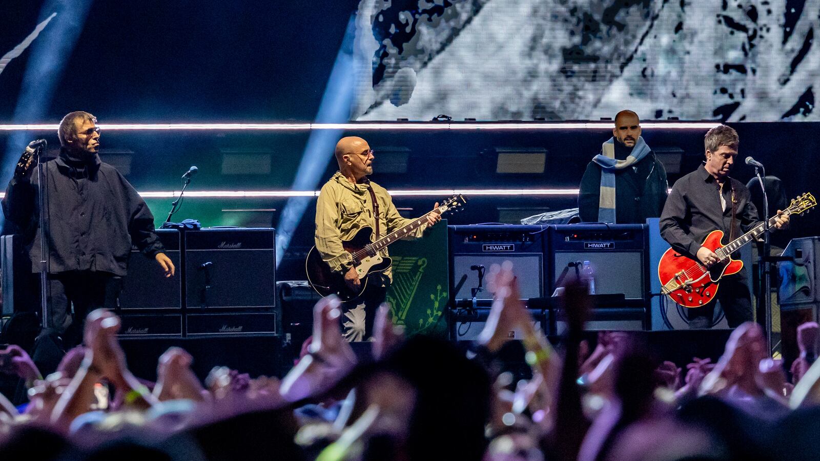 EAST RUTHERFORD, NEW JERSEY - AUGUST 31: (EDITORIAL USE ONLY, NO COMMERCIAL USE, NO SPECIAL INTEREST OR SINGLE ARTIST PUBLICATION USE) (L-R) Liam Gallagher, Paul "Bonehead" Arthurs, and Noel Gallagher of the band Oasis perform during their Oasis Live ’25 world tour at MetLife Stadium on August 31, 2025 in East Rutherford, New Jersey. (Photo by Mike Coppola/Getty Images)