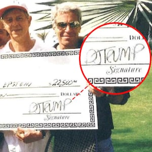A photo composite highlight Donald Trump's signature on the check being held by Jeffrey Epstein.