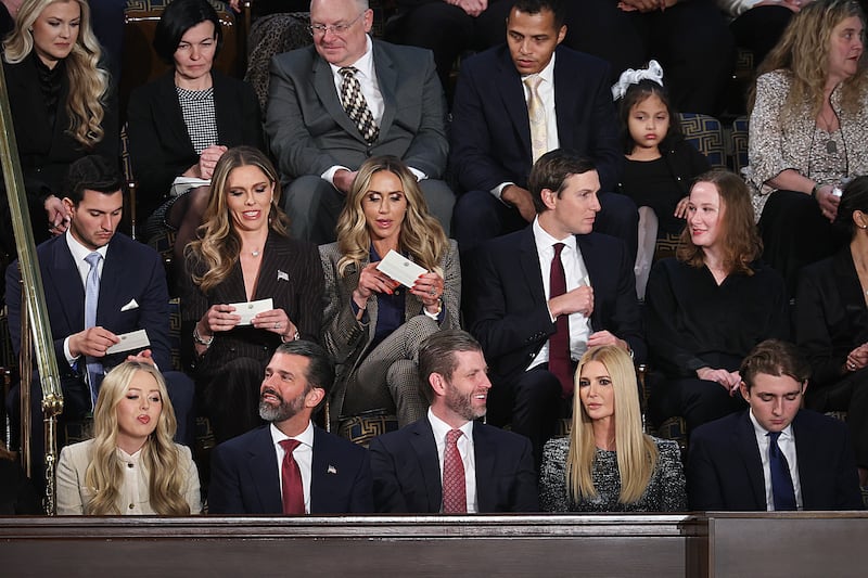 Trump family members (top row L-R) Bettina Anderson, Lara Trump, Jared Kuschner and (bottom row L to R) Tiffany Trump, Donald Trump Jr, Eric Trump, Ivanka Trump, and Barron Trump attend the State of the Union address on Tuesday.