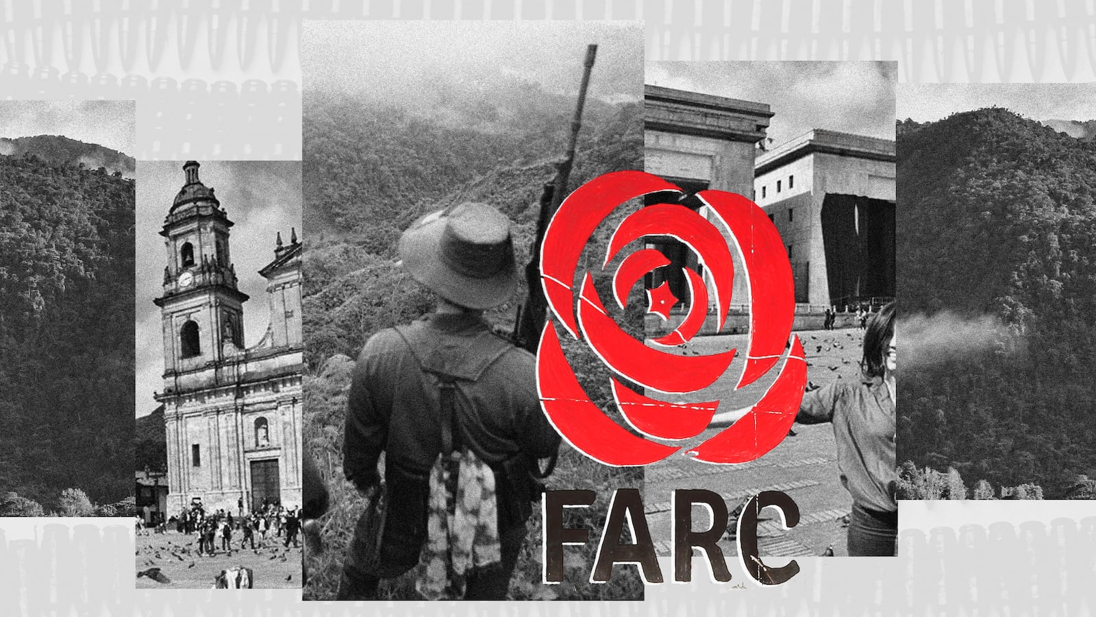 A photo illustration showing the FARC symbol with images from Colombia areas that were occupied by FARC and an image of Nikki Vargas in Bogota.