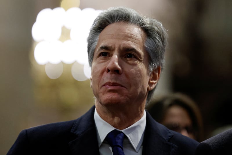 Secretary of State Antony Blinken looks on as he visits the Notre-Dame de Paris Cathedral in Paris, on January 9, 2025.     LUDOVIC MARIN/Pool via REUTERS