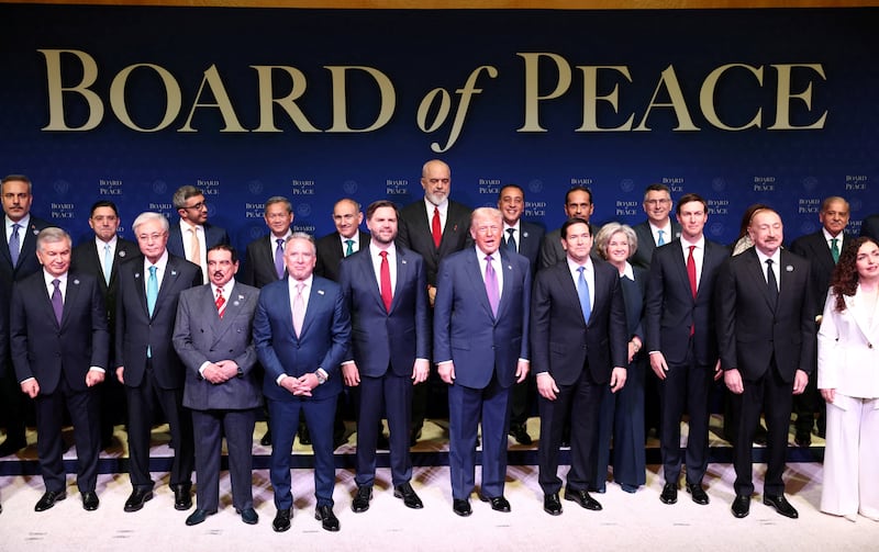 U.S President Donald Trump, U.S. Vice President JD Vance, U.S. Secretary of State Marco Rubio, White House Chief of Staff Susie Wiles, U.S. Special Envoy Steve Witkoff and Donald Trump's son-in-law Jared Kushner stand with world leaders participating in the inaugural Board of Peace meeting at the U.S. Institute of Peace in Washington, D.C., U.S., February 19, 2026.