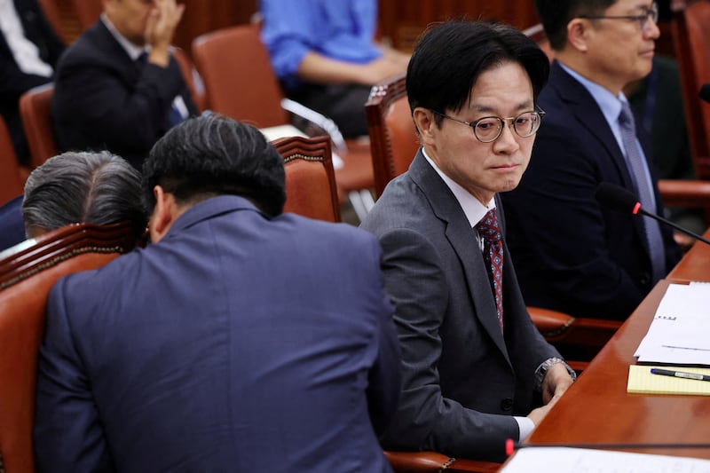 South Korean Industry Minister Kim Jung-kwan attends a meeting to brief lawmakers on investment projects under the country's $350 billion investment commitment to the United States.