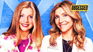 A photo illustration of the Obsessed Podcast of Sarah Chalke on Roseanne and Scrubs.