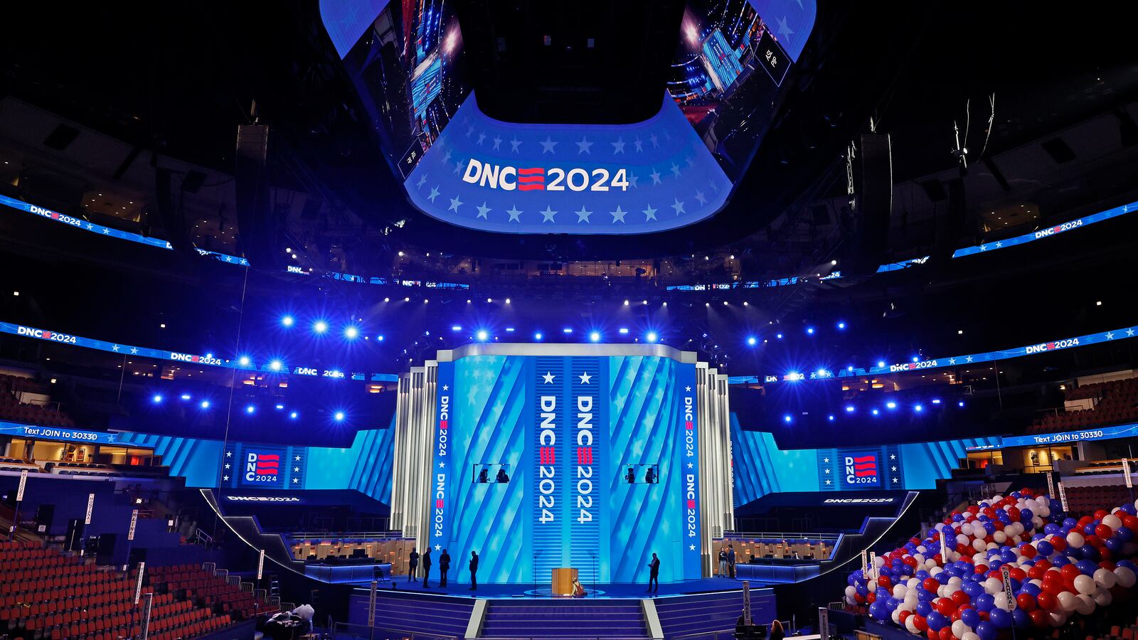 The stage is set at the United Center for the Democratic National Convention on August 15, 2024 in Chicago, Illinois