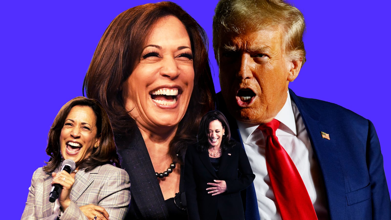 An illustration of Kamala Harris, laughing, and Donald Trump, unamused.