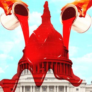 A photo illustration of red paint pouring on the Capitol building.