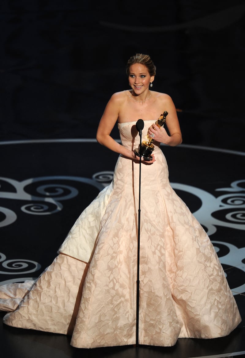 Best Actress winner Jennifer Lawrence addresses the audience onstage at the 85th Annual Academy Awards