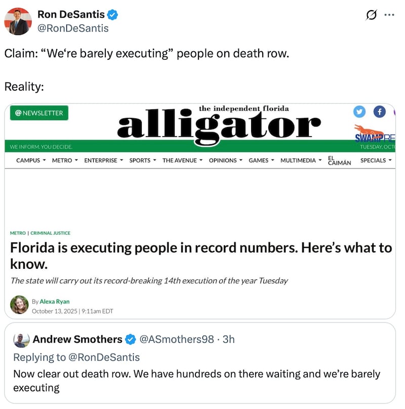 Ron DeSantis posts about Florida's high rate of executions.
