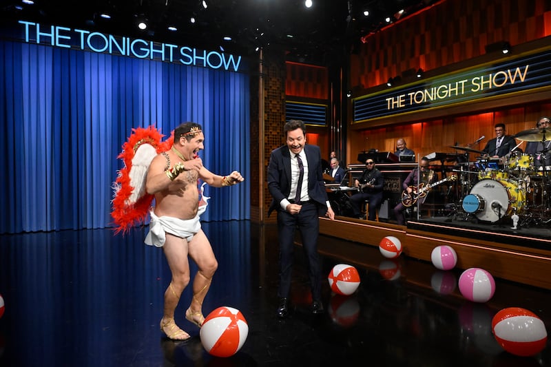 Comedian Seth Herzog plays Cupid on Jimmy Fallon's show in 2024.